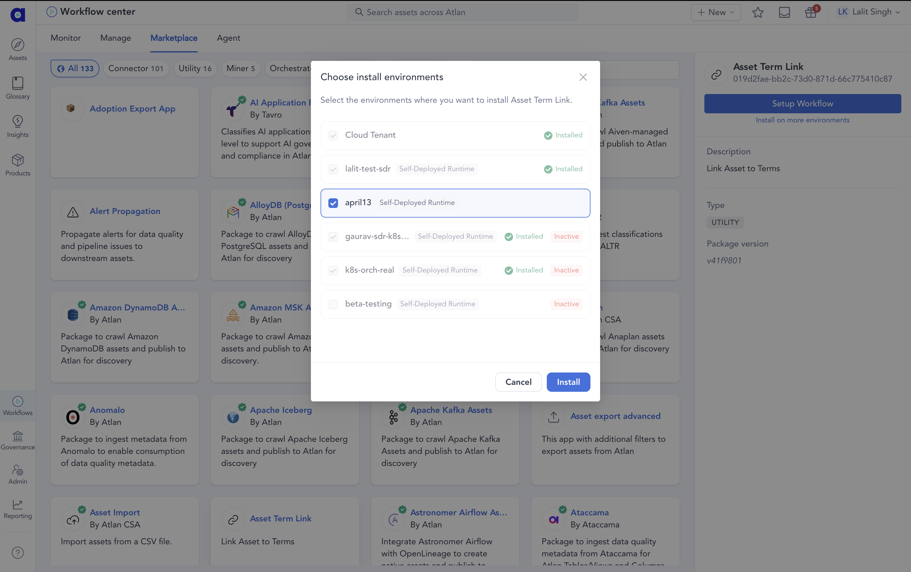 Choose install environments modal: Cloud Tenant is always selected, with optional SDR agents listed below
