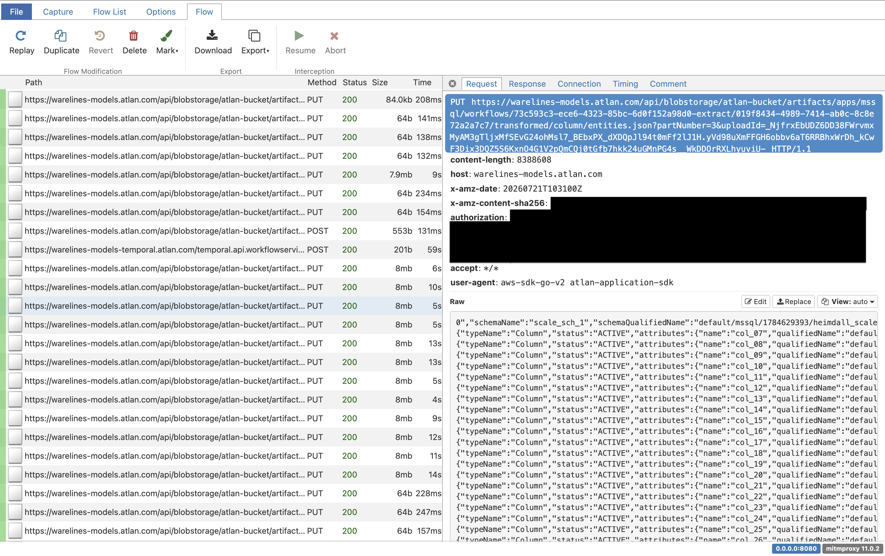 In a proxy's request inspector, a Self-Deployed Runtime metadata upload to Atlan is selected and decrypted—the metadata in its request body is fully readable for inspection and analysis. Other egress requests (authentication, workflow events, and the workflow engine) are listed alongside, each returning 200.