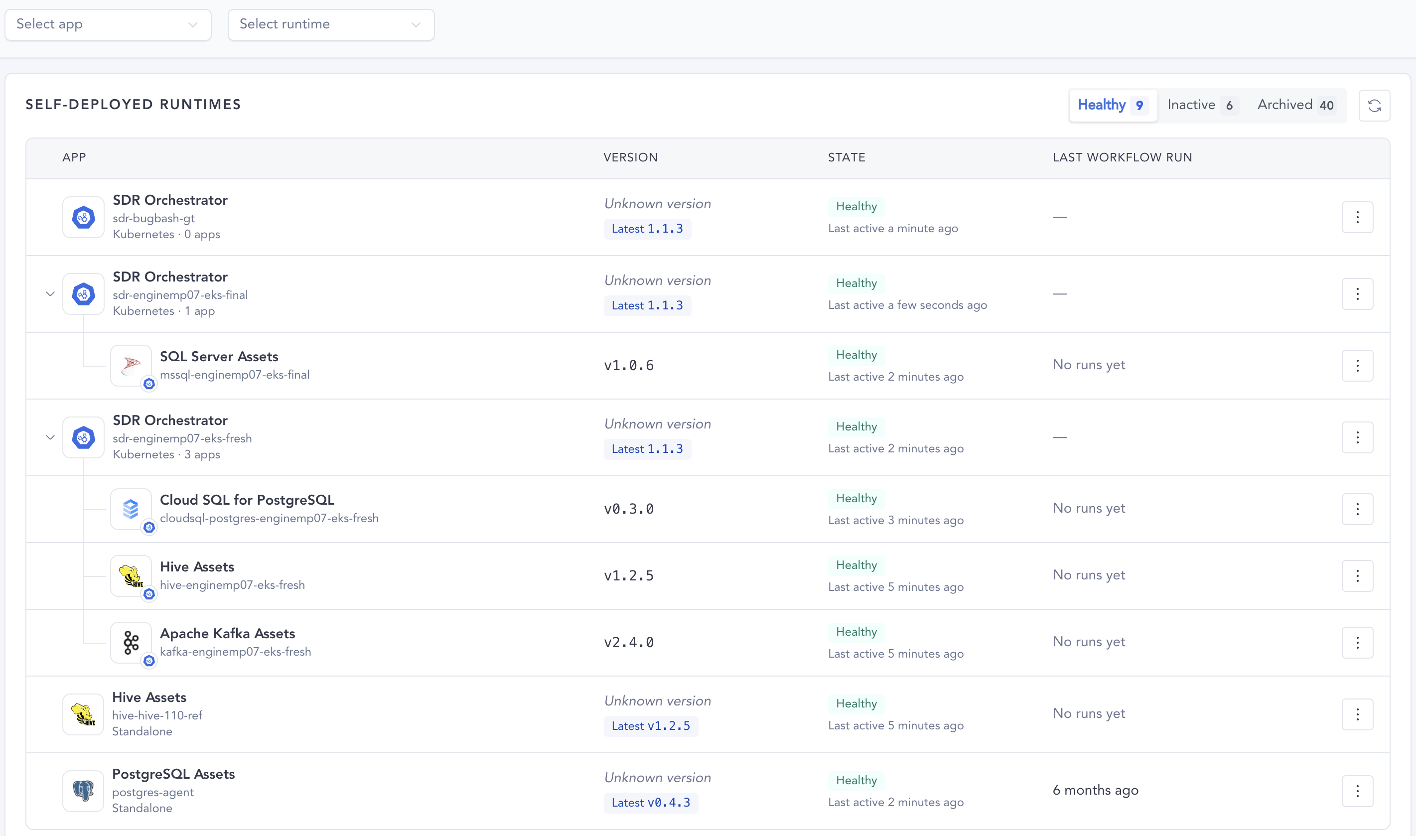 The runtime list with SDR Orchestrators, their apps, and standalone apps